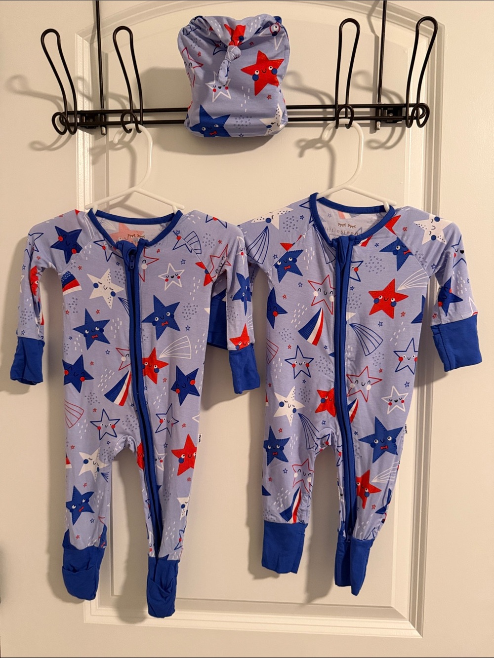 Little Sleepies Light Blue Star Print Footed One-Piece Sleeper (2-pack) with cap